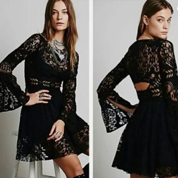 Free People Lover’s Folk Song Black Lace Mini Dress - Picture 5 of 6